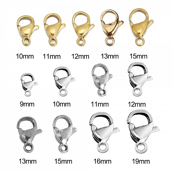 10 karabinkroker i rustfritt st&aring;l 12 x 07 mm.