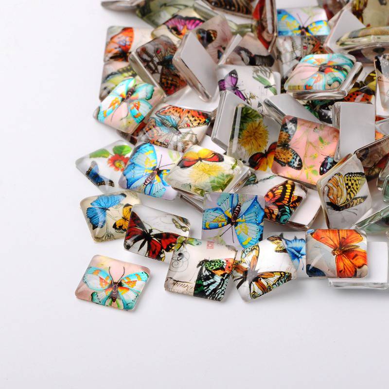 10 glass cabochons firkantet 25mm assortert Sommerfugler N001-25 