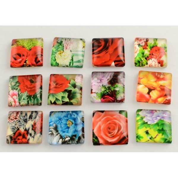 10 glass cabochons firkantet 20 mm assortert Blomster S-22-20-17