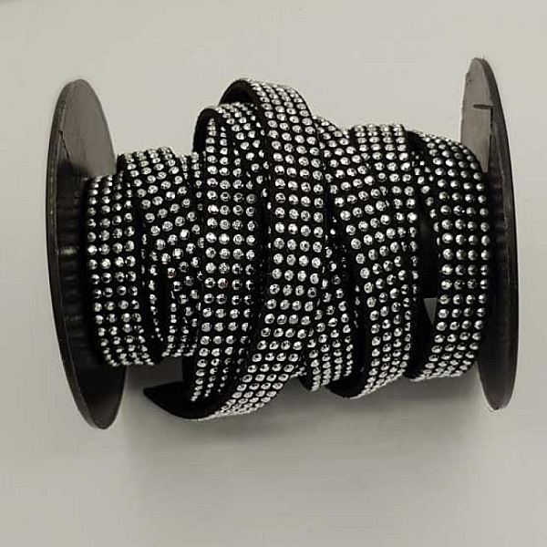 1 M Ruban su&eacute;dine noir strass Argent quatre rang&eacute;es