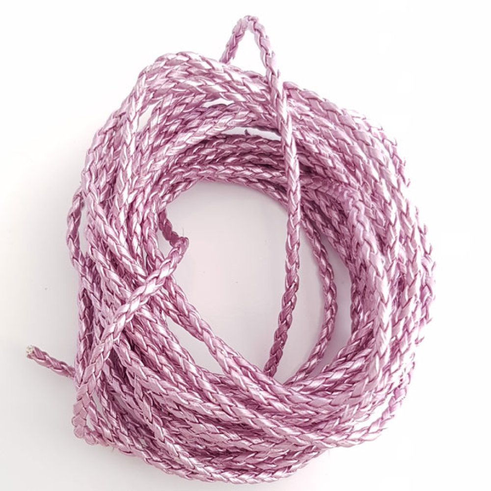 1 meter Rund flettet kunstlærsnor Mauve Sølv 3 mm