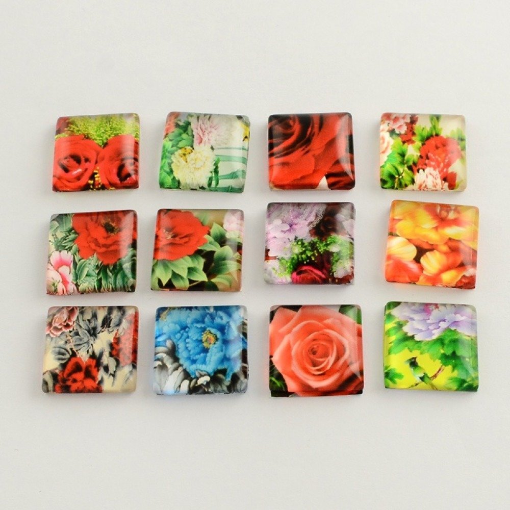 30 glass cabochons firkantet 20 mm assortert Blomster S-22-20-17