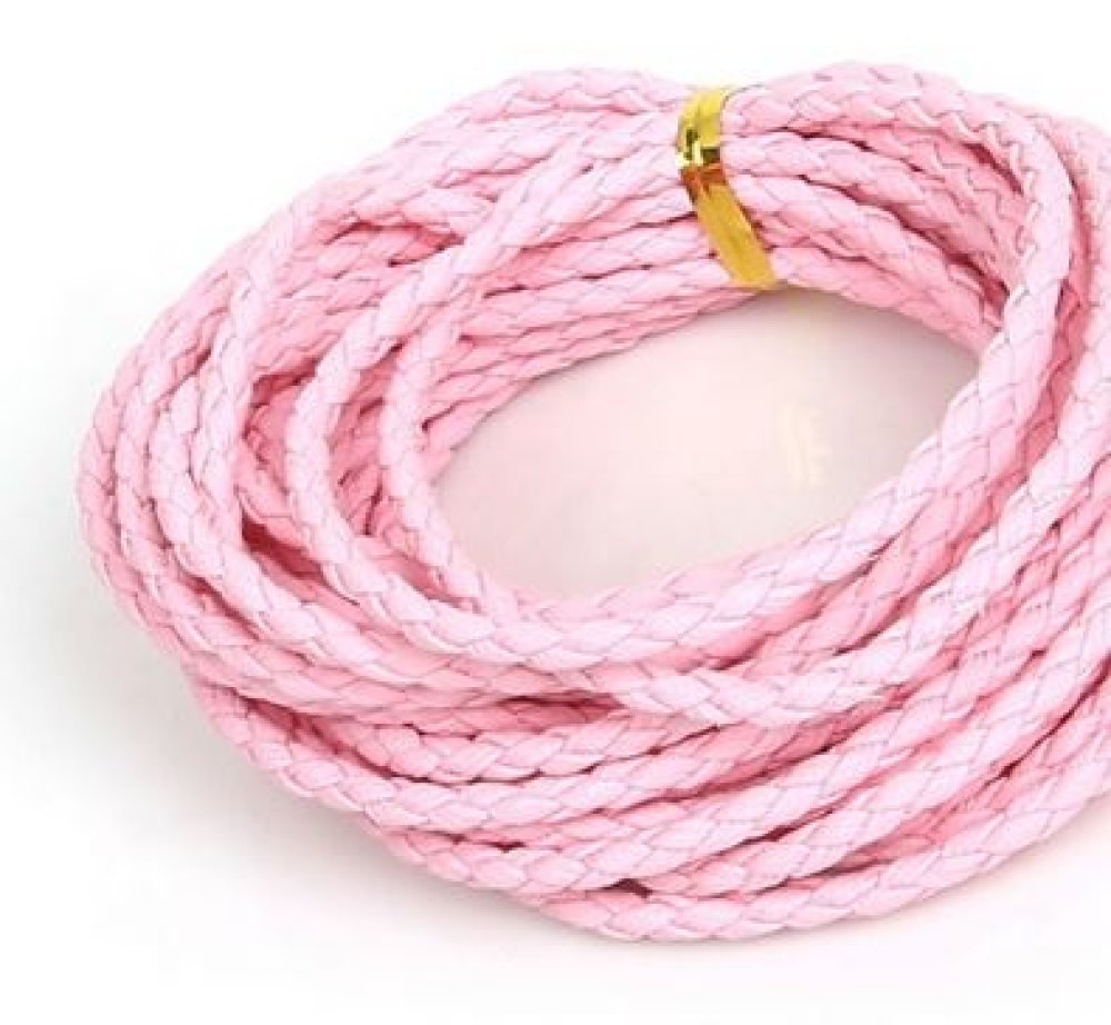 5 meter Rund flettet kunstlærsnor Rosa 3 mm