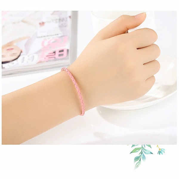 Bracelet Cuir Tress&eacute; Rose 19 cm Fermoir Clip Argent 925