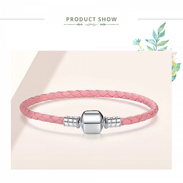 Bracelet Cuir Tress&eacute; Rose 19 cm Fermoir Clip Argent 925