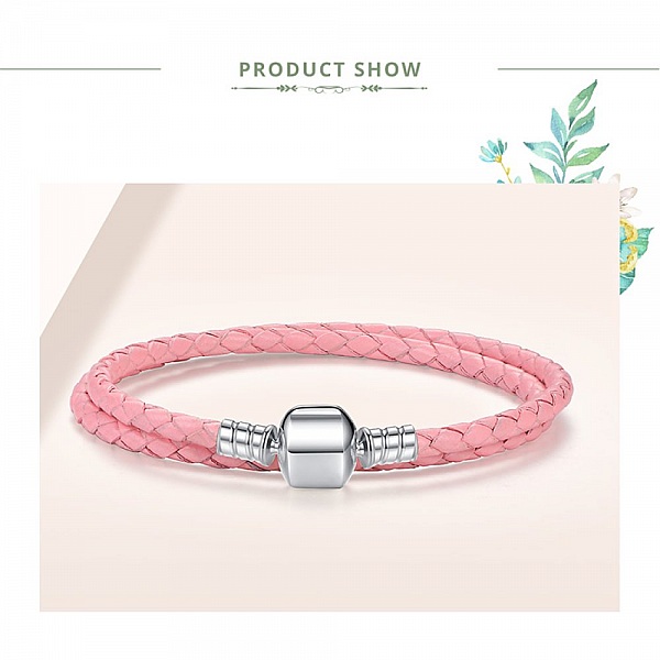 Bracelet Double Cuir Tress&eacute; Rose 38 cm Fermoir Clip Argent 925