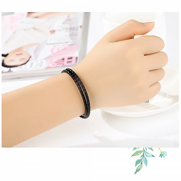 Bracelet Double Cuir Tress&eacute; Noir 34 cm Fermoir Clip Argent 925