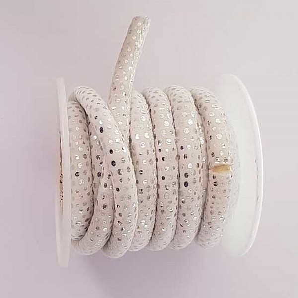 Cordon Rond 6 mm Blanc et Petits Pois Argent&eacute;