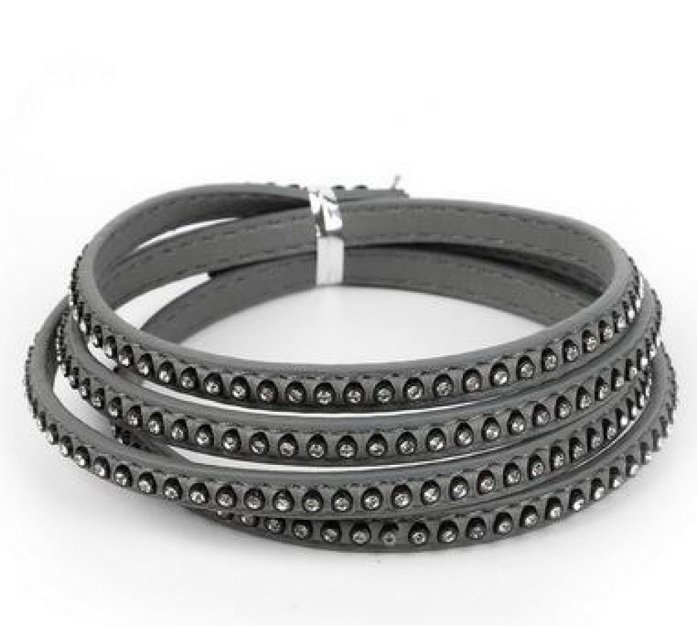 Lær 06 mm Grå innlagt med rhinestones 1 meter