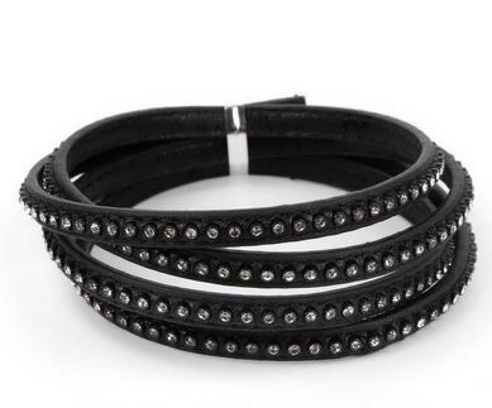 Lær 06 mm svart innlagt med rhinestones 1 meter