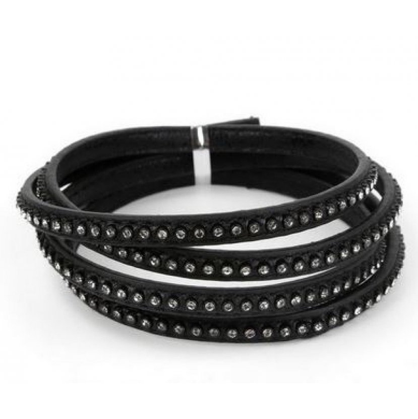 Lær 06 mm svart innlagt med rhinestones 1 meter
