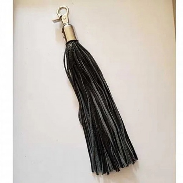 Grand Pompon cuir 21 cm Noir Fermoir porte cl&eacute; Argent