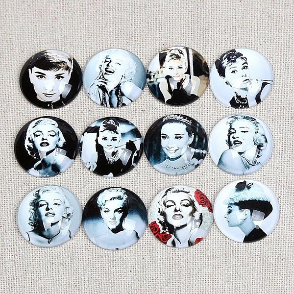 Lot av 20 runde glass cabochons 25 mm Marilyn- Audrey Hepburn
