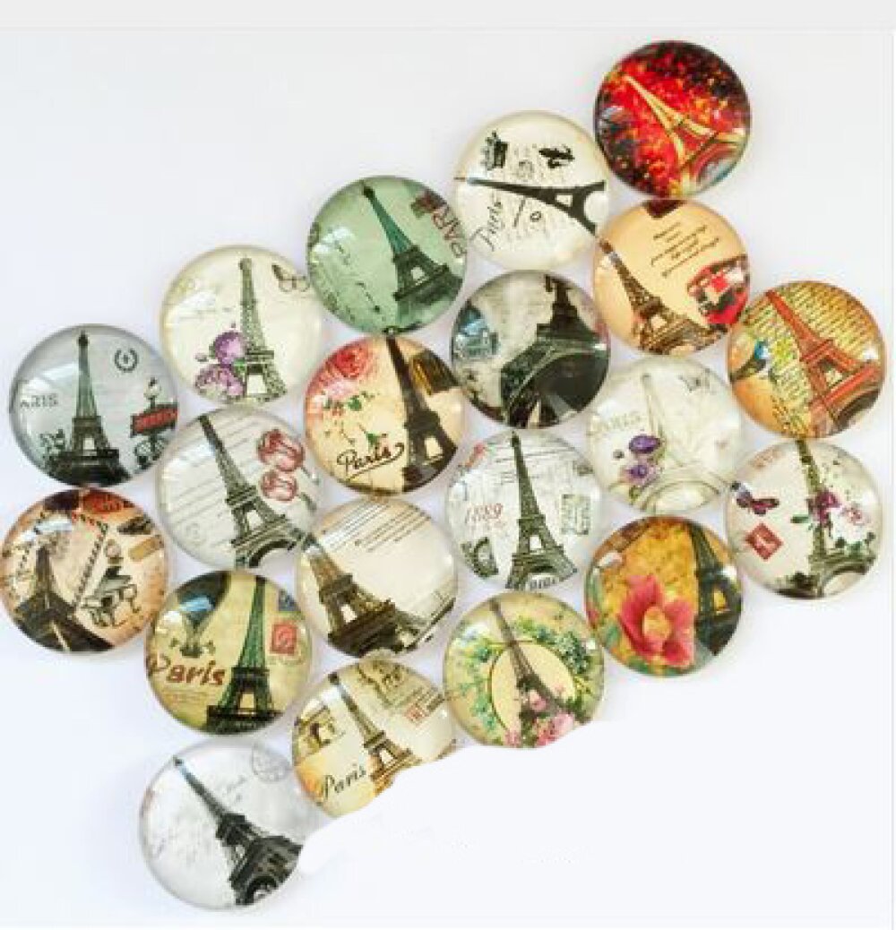 Lot 20 runde glass cabochons 25mm Eiffeltårnet 02 blandet Glass cabochon 