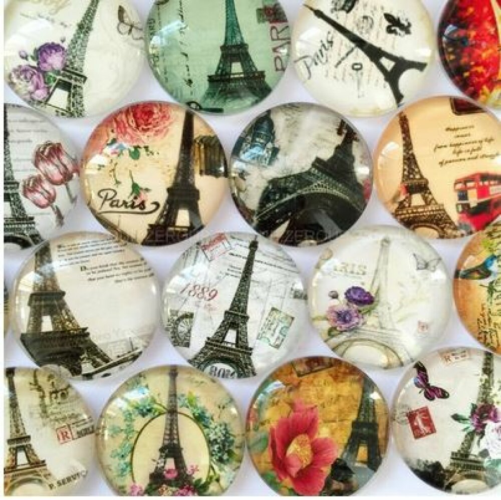 Lot 20 runde glass cabochons 25mm Eiffeltårnet 02 blandet Glass cabochon 