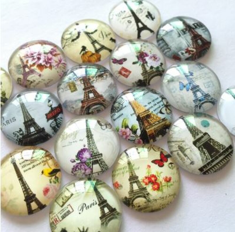 Lot 20 runde glass cabochons 25mm Eiffeltårnet 02 blandet Glass cabochon 