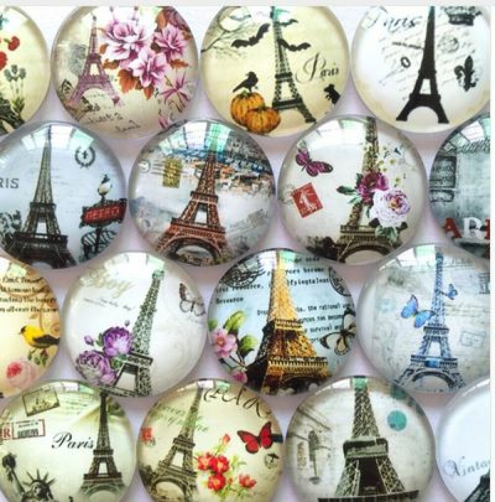 Lot 20 runde glass cabochons 25mm Eiffeltårnet 02 blandet Glass cabochon 