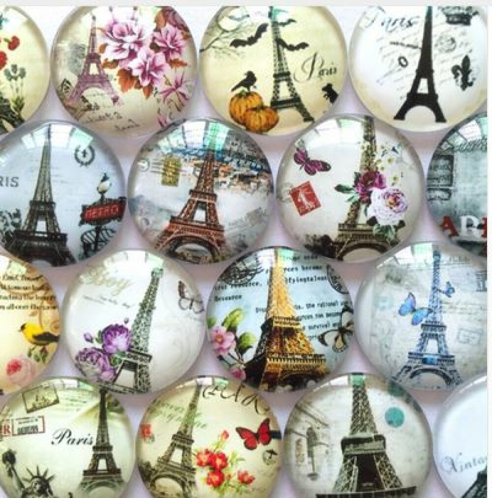Lot 20 runde glass cabochons 25mm Eiffeltårnet 02 blandet Glass cabochon 