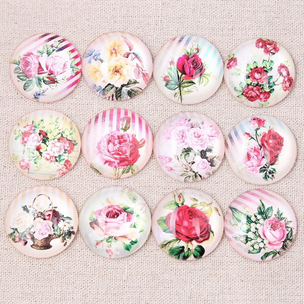Lot av 20 runde glass cabochons 25 mm Pink Flower