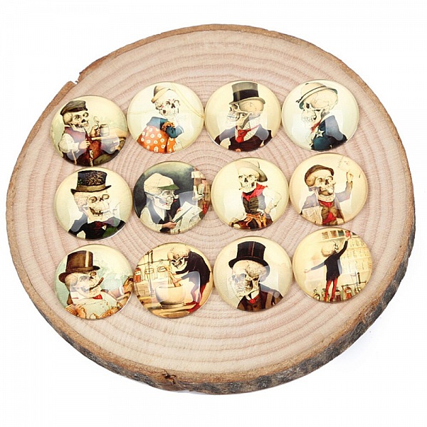 Lot 20 Rund glass cabochon 25mm gammel mann skjelett blandet glass cabochon 