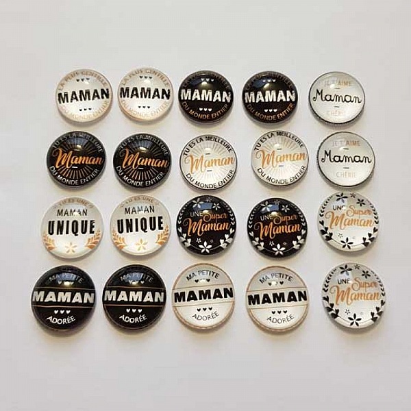 Lot 20 cabochons rond en verre 20mm Maman 02 mixte Glass cabochon
