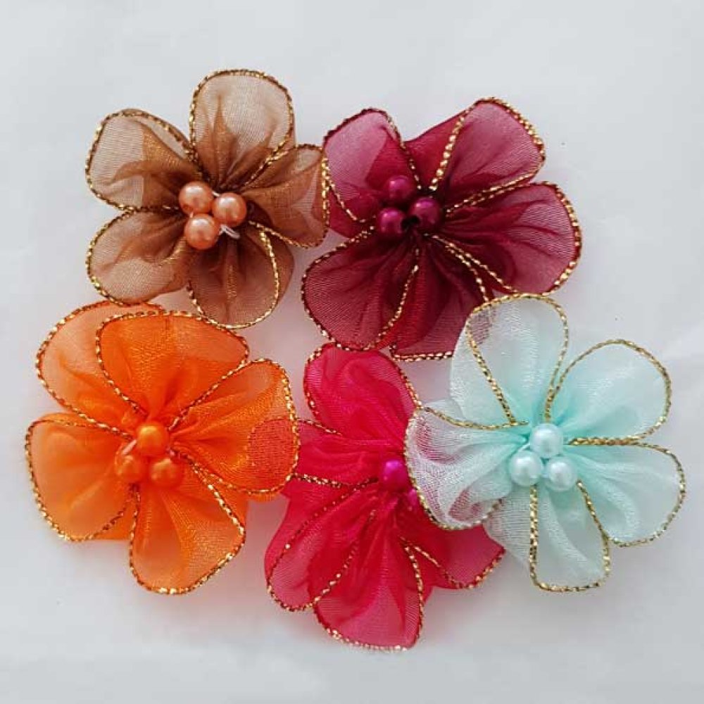 Parti 5 fargede blomster Organza stoffer nr. 01