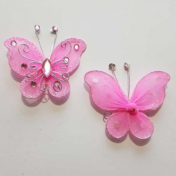 Lot de 2 Papillons Tissus et Strass Rose P&acirc;le