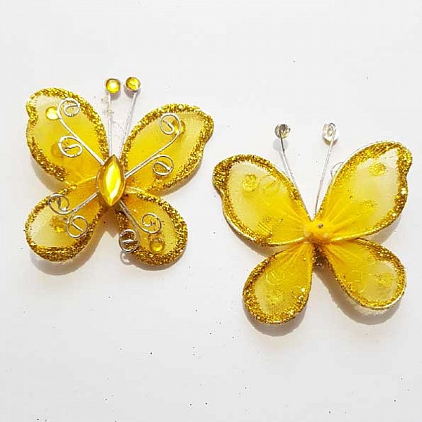 Lot de 2 Papillons Tissus et Strass Jaune Dor&eacute;