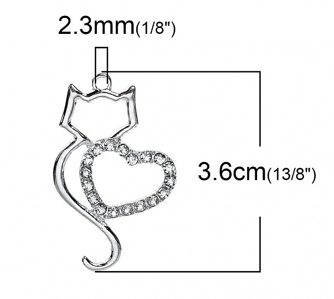 Sett med 3 Zink Alloy Cat Charm N&deg;06 S&oslash;lv Hjerte Strass Klar 36 mm x 22 mm