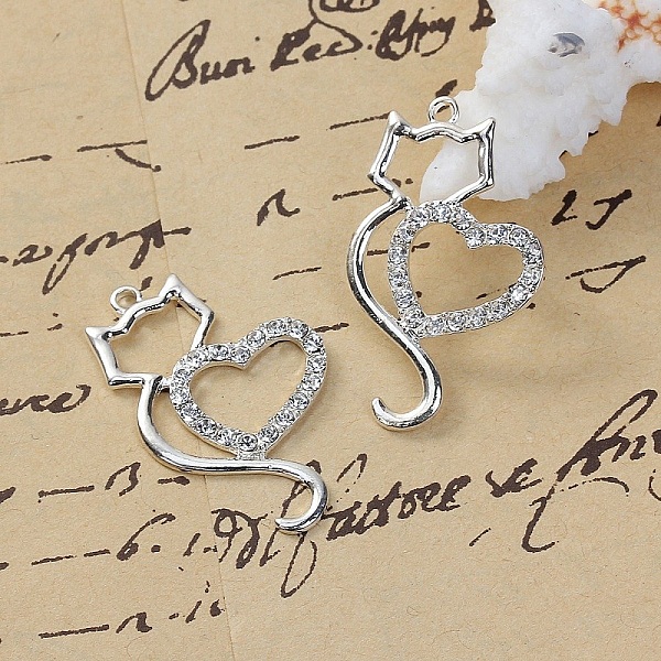 Sett med 3 Zink Alloy Cat Charm N&deg;06 S&oslash;lv Hjerte Strass Klar 36 mm x 22 mm