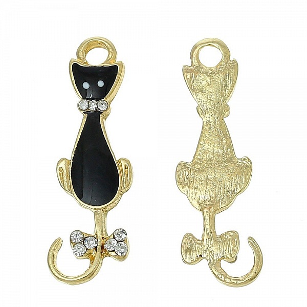 Pakke med 5 katteberlock nr. 08 Svart gull katt sommerfugl strass klar emalje 36 mm x 11 mm