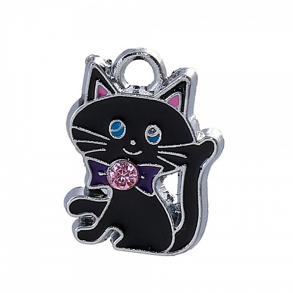 Pakke med 5 Zink Alloy Cat Charm N&deg;07 Silver Strass Email 19 mm x 14 mm