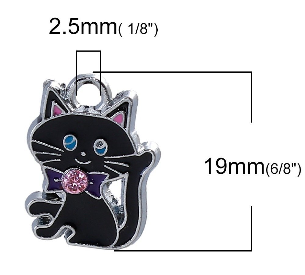 Pakke med 5 Zink Alloy Cat Charm N°07 Silver Strass Email 19 mm x 14 mm