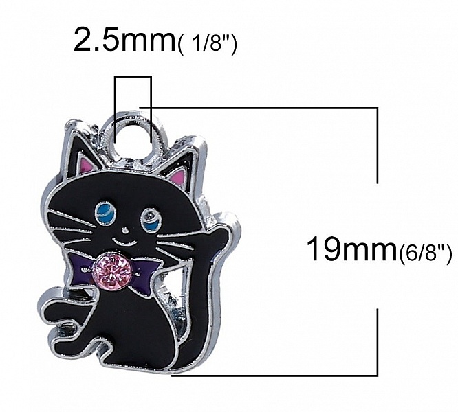 Pakke med 5 Zink Alloy Cat Charm N&deg;07 Silver Strass Email 19 mm x 14 mm