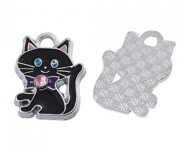Pakke med 5 Zink Alloy Cat Charm N&deg;07 Silver Strass Email 19 mm x 14 mm