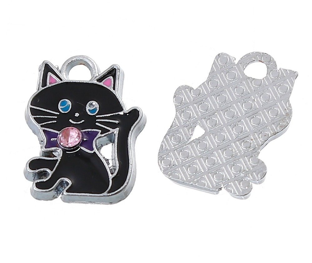 Pakke med 5 Zink Alloy Cat Charm N°07 Silver Strass Email 19 mm x 14 mm