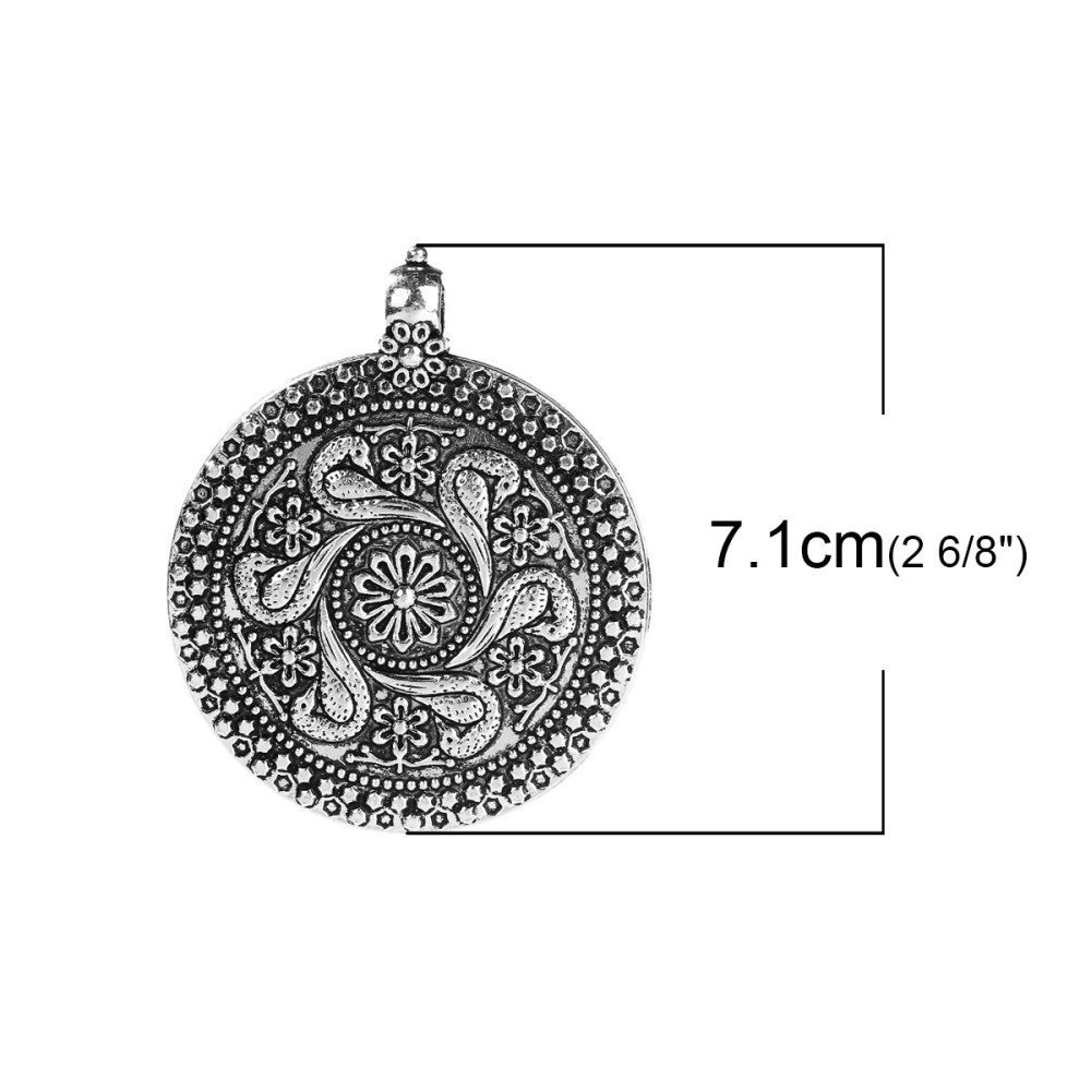 Bohemian Style rund legering sølv blomst anheng 71 mm x 59 mm