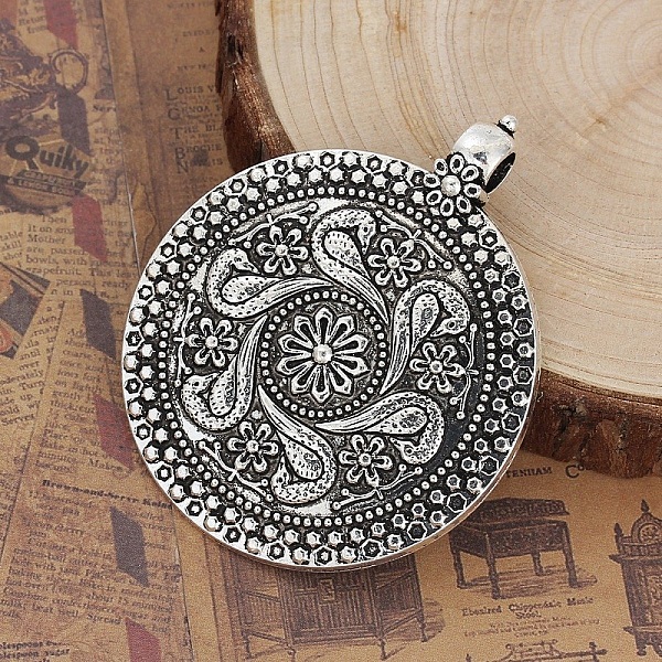 Bohemian Style rund legering s&oslash;lv blomst anheng 71 mm x 59 mm