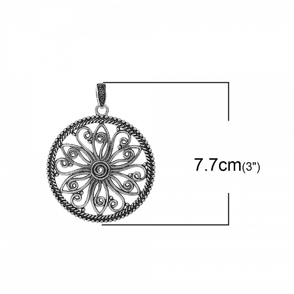 Pendentif N&deg;001-D en Alliage Rond Fleur Creux Argent Vieilli 77 mm x 60 mm
