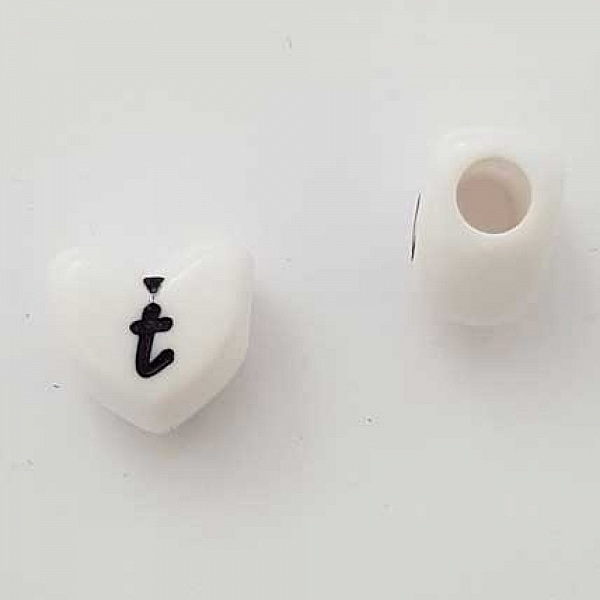 Perle C&oelig;ur Lettre T Blanc Noir 11mm