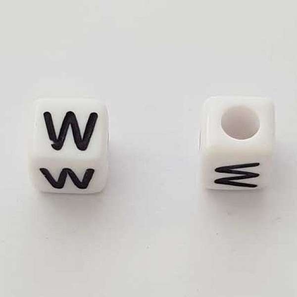 Perle Carr&eacute; Lettre W Blanc Noir 8mm