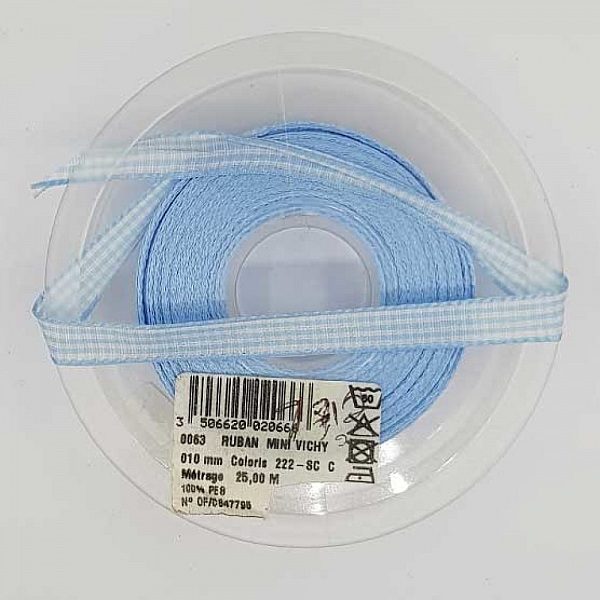 Ruban vichy bleu ciel et blanc de 10 mm x 1 m&egrave;tre