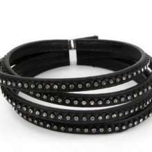 Lær 06 mm svart innlagt med rhinestones 1 meter