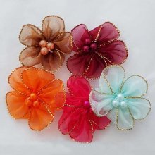 Parti 5 fargede blomster Organza stoffer nr. 01