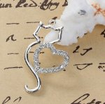 Sett med 3 Zink Alloy Cat Charm N°06 Sølv Hjerte Strass Klar 36 mm x 22 mm