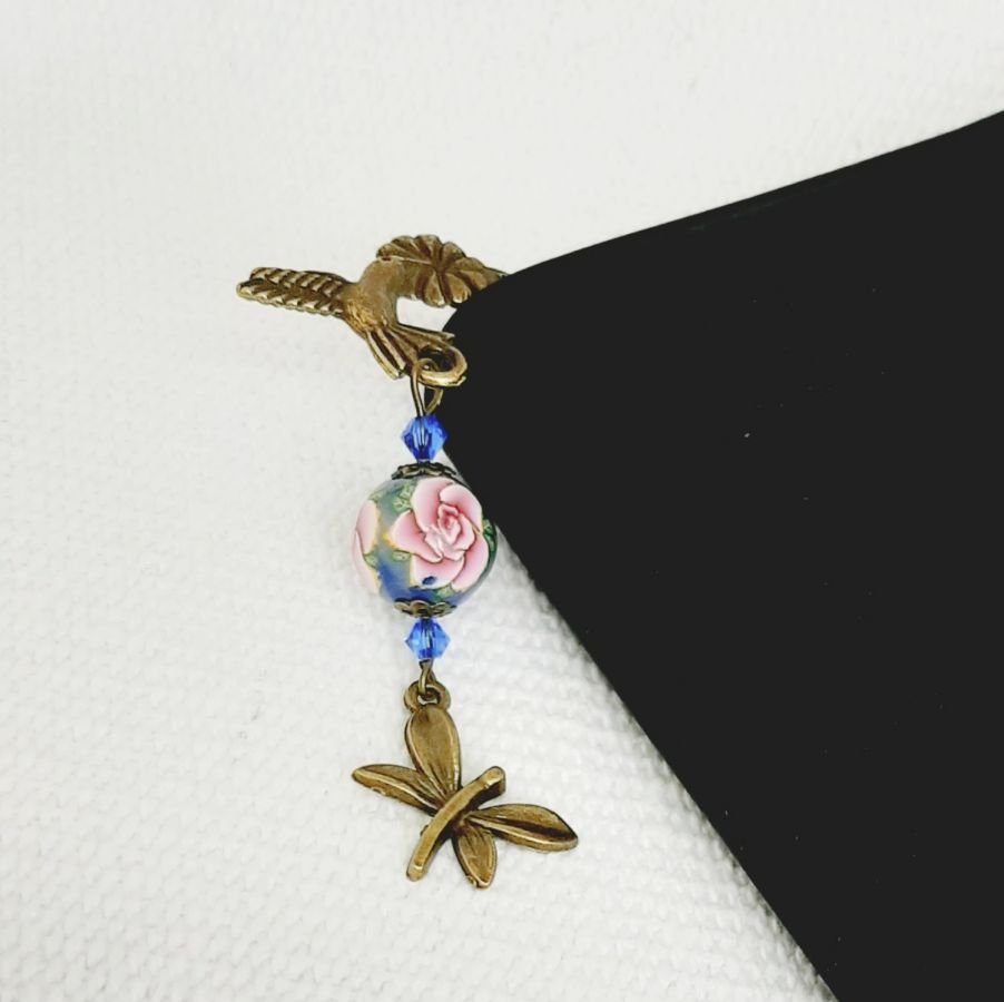 merke sider anheng libelluele bronse farge med sublime perle med rosa rose handmadertisanale 