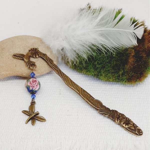 merke sider anheng libelluele bronse farge med sublime perle med rosa rose handmadertisanale 