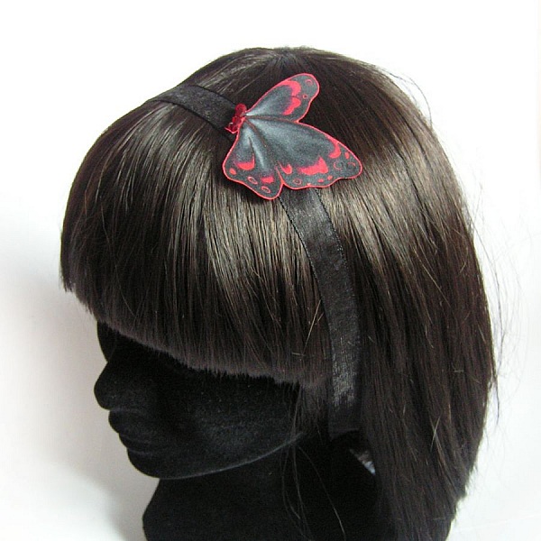 svart blonder panneb&aring;nd med organza blomst og fushia fj&aelig;r h&aring;ndlaget bryllup panneb&aring;nd