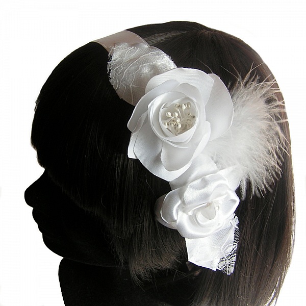 bandeau de cheveux mari&eacute;e blanc fleurs de satin dentelle et plumes
