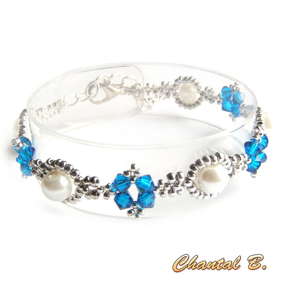 swarovski krystall armbånd blå perle og sølv vevde perler